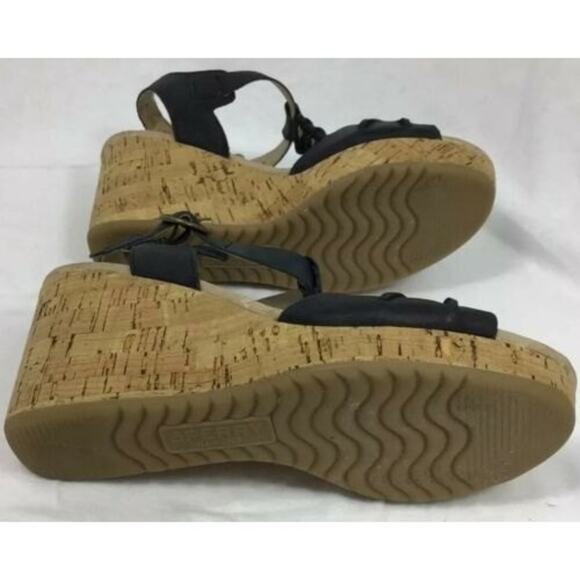 Sperry Womens SZ 6 Leather Black Cork Wedge Platform Sandals - Picture 6 of 11